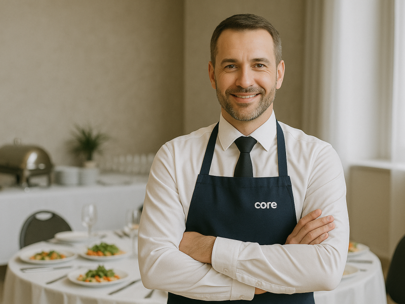 Catering event setup with confident waiter